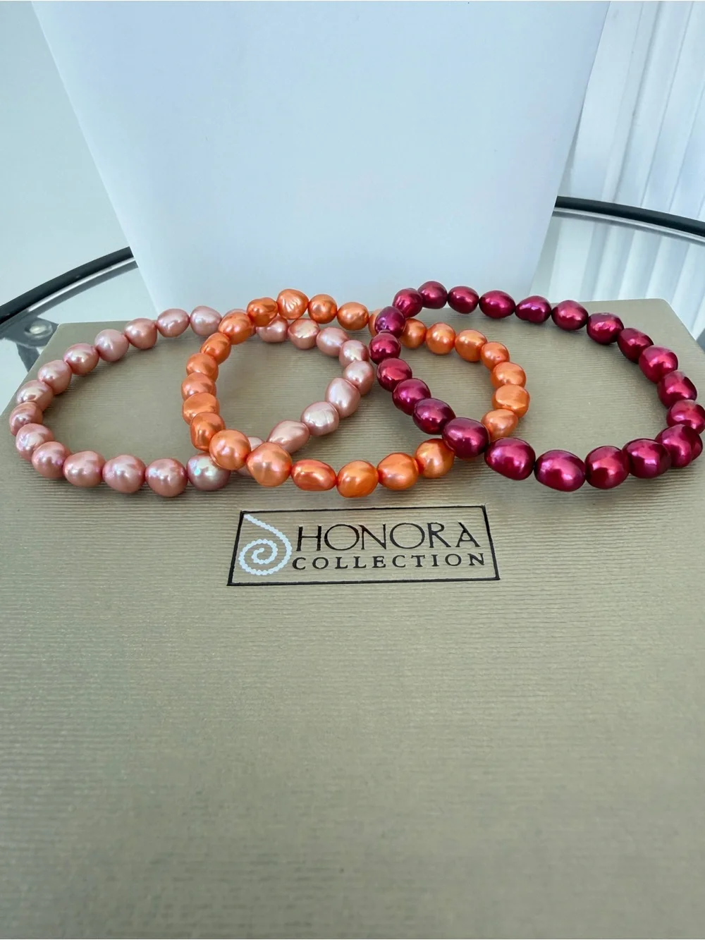 NWOT 7” Honora red, orange, champagne dyed freshwater pearl stretch bracelets!